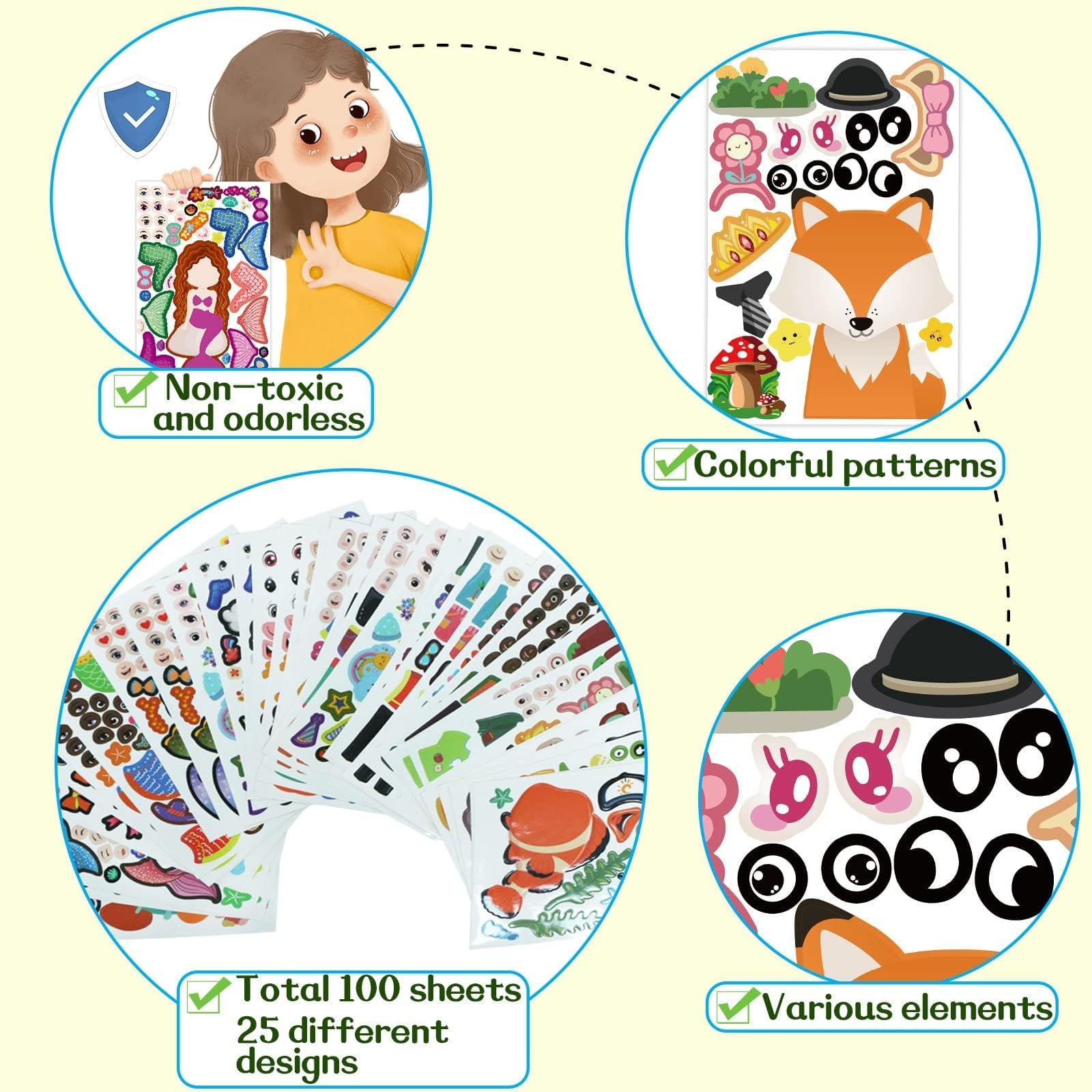 100-Pack DIY Animal Face Stickers – 25 Designs with 1000+ Accessories for Kids Crafts, Party Favors, and School Rewards