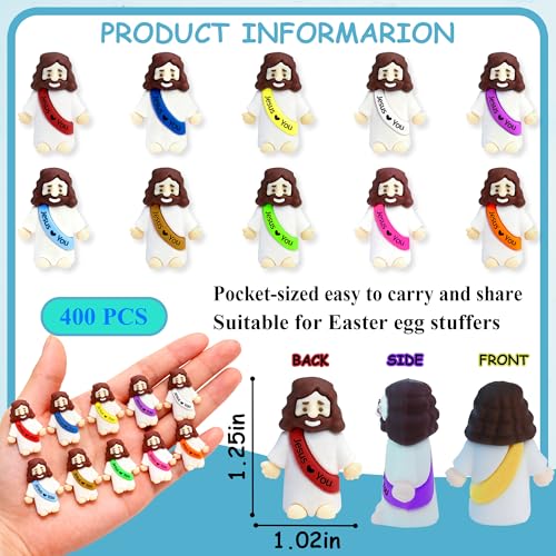 100 Pack Mini Rubber Jesus Figures - 'Jesus Loves You' Toys for Easter Eggs, Sunday School, and Faith Sharing (10 Colors)