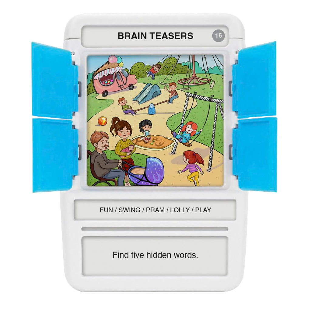 100 PICS Brain Teasers Travel Game – 100 Puzzles with Slide Reveal Flash Cards