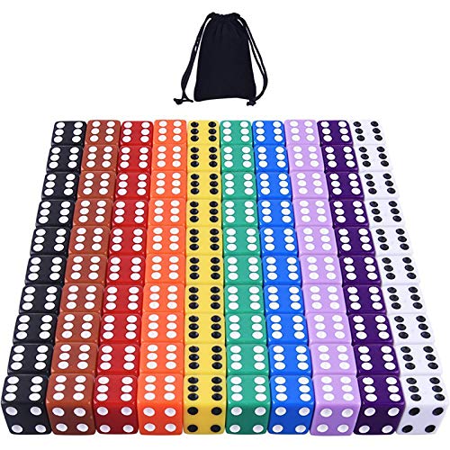 100-Piece 10-Color Standard 16mm Game Dice Set by AUSTOR with Storage Bag for Tenzi, Farkle, Yahtzee, Bunco, Math