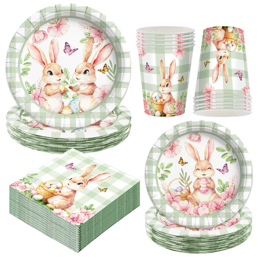 100-Piece Easter Paper Plates, Napkins & Cups Set - Bunny Themed Disposable Tableware for 25 Guests