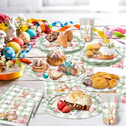 100-Piece Easter Paper Plates, Napkins & Cups Set - Bunny Themed Disposable Tableware for 25 Guests