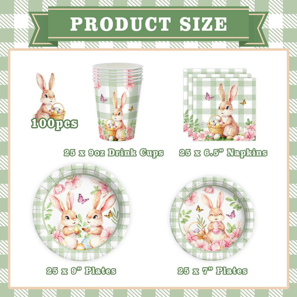 100-Piece Easter Paper Plates, Napkins & Cups Set - Bunny Themed Disposable Tableware for 25 Guests