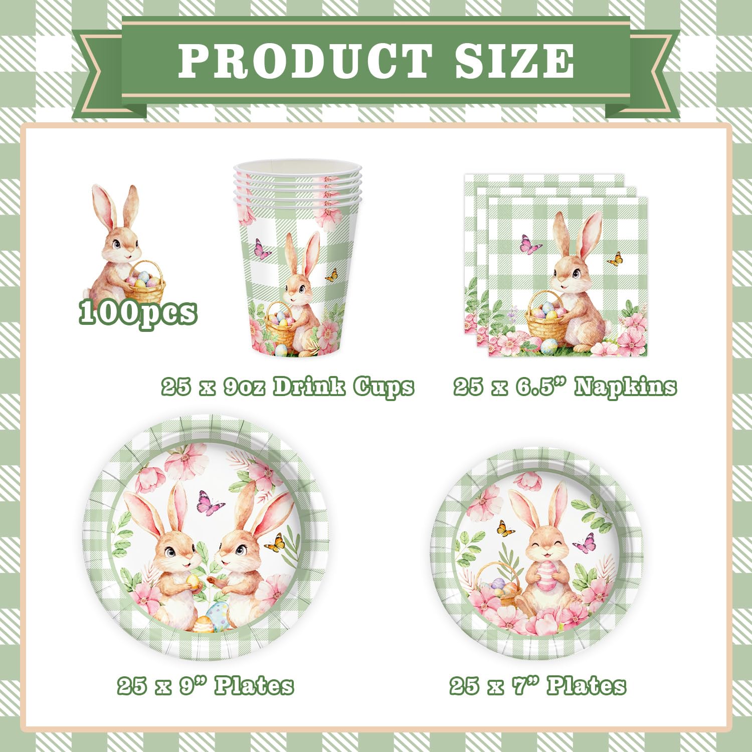 100-Piece Easter Paper Plates, Napkins & Cups Set - Bunny Themed Disposable Tableware for 25 Guests