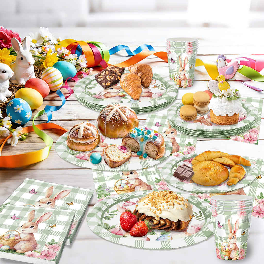 100-Piece Easter Paper Plates, Napkins & Cups Set - Bunny Themed Disposable Tableware for 25 Guests