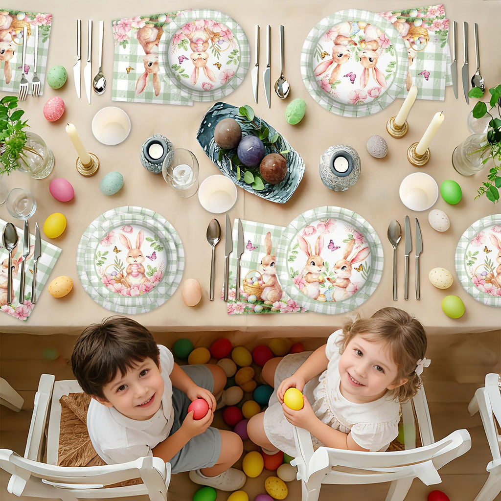 100-Piece Easter Paper Plates, Napkins & Cups Set - Bunny Themed Disposable Tableware for 25 Guests