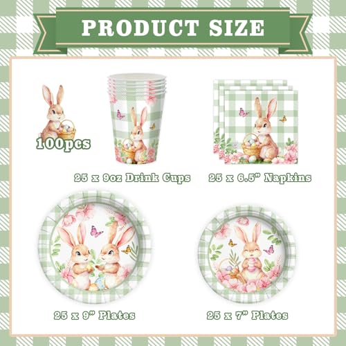 100-Piece Easter Paper Plates, Napkins & Cups Set - Bunny Themed Disposable Tableware for 25 Guests