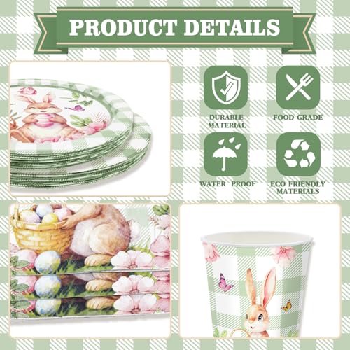 100-Piece Easter Paper Plates, Napkins & Cups Set - Bunny Themed Disposable Tableware for 25 Guests