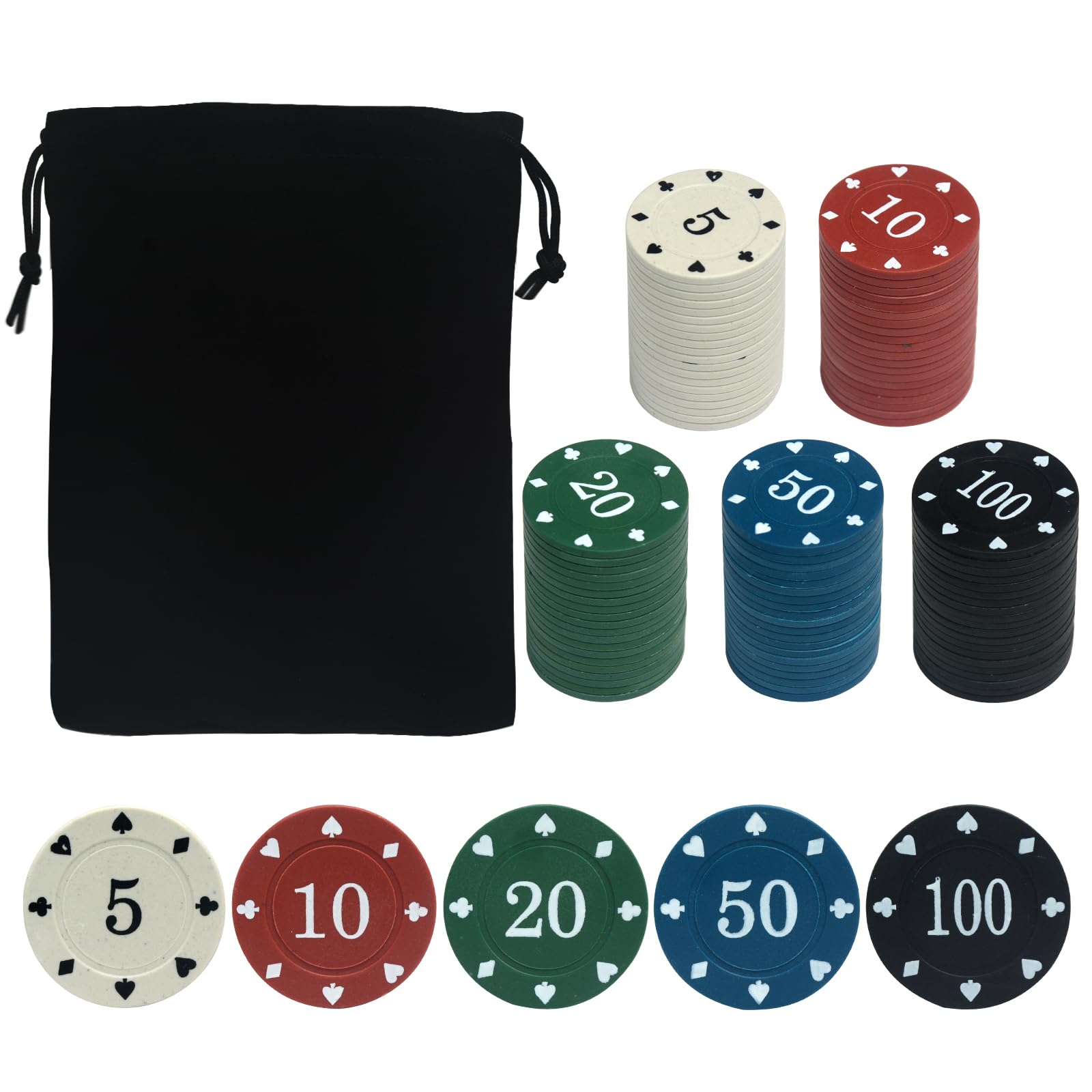 100-Piece Poker Chip Set with Carrying Bag – ABS Chips for Texas Hold'em and Blackjack (Large Denomination)