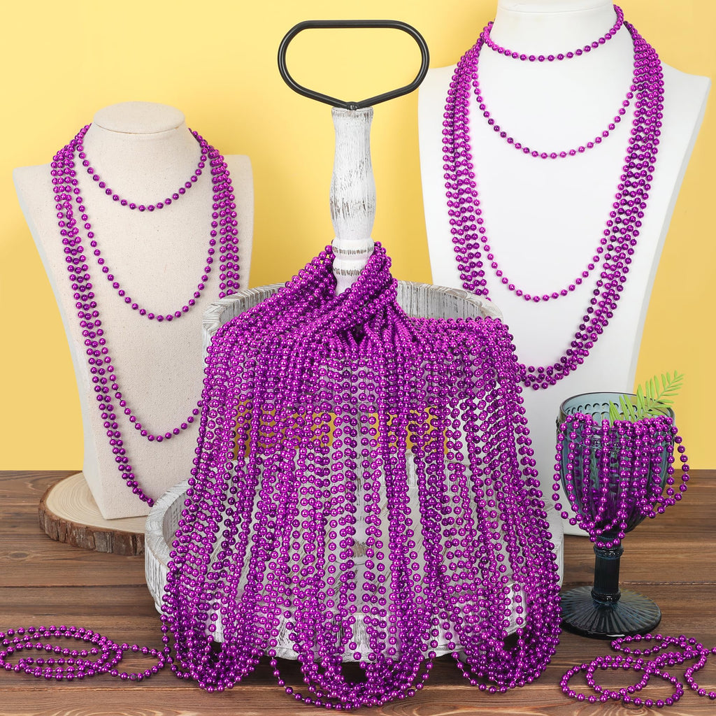 100 Purple Mardi Gras Beads - 33-Inch Plastic Bead Necklaces for Parade Throws and Party Favors
