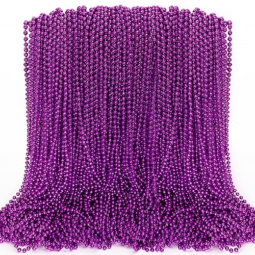 100 Purple Mardi Gras Beads - 33-Inch Plastic Bead Necklaces for Parade Throws and Party Favors