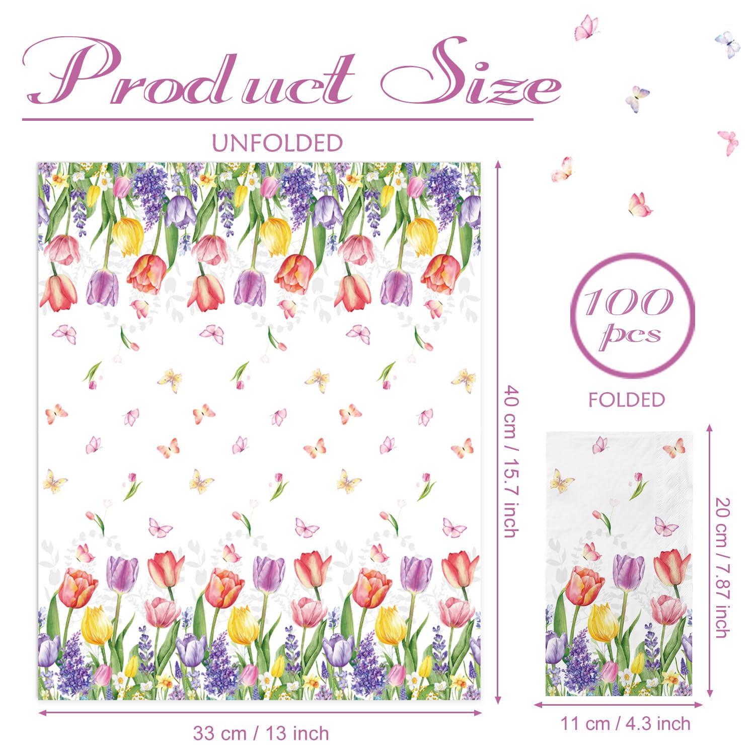 100 Watercolor Tulip Paper Napkins – Floral Decorative Guest Napkins for Parties, Dinner, Kitchen, Bathroom
