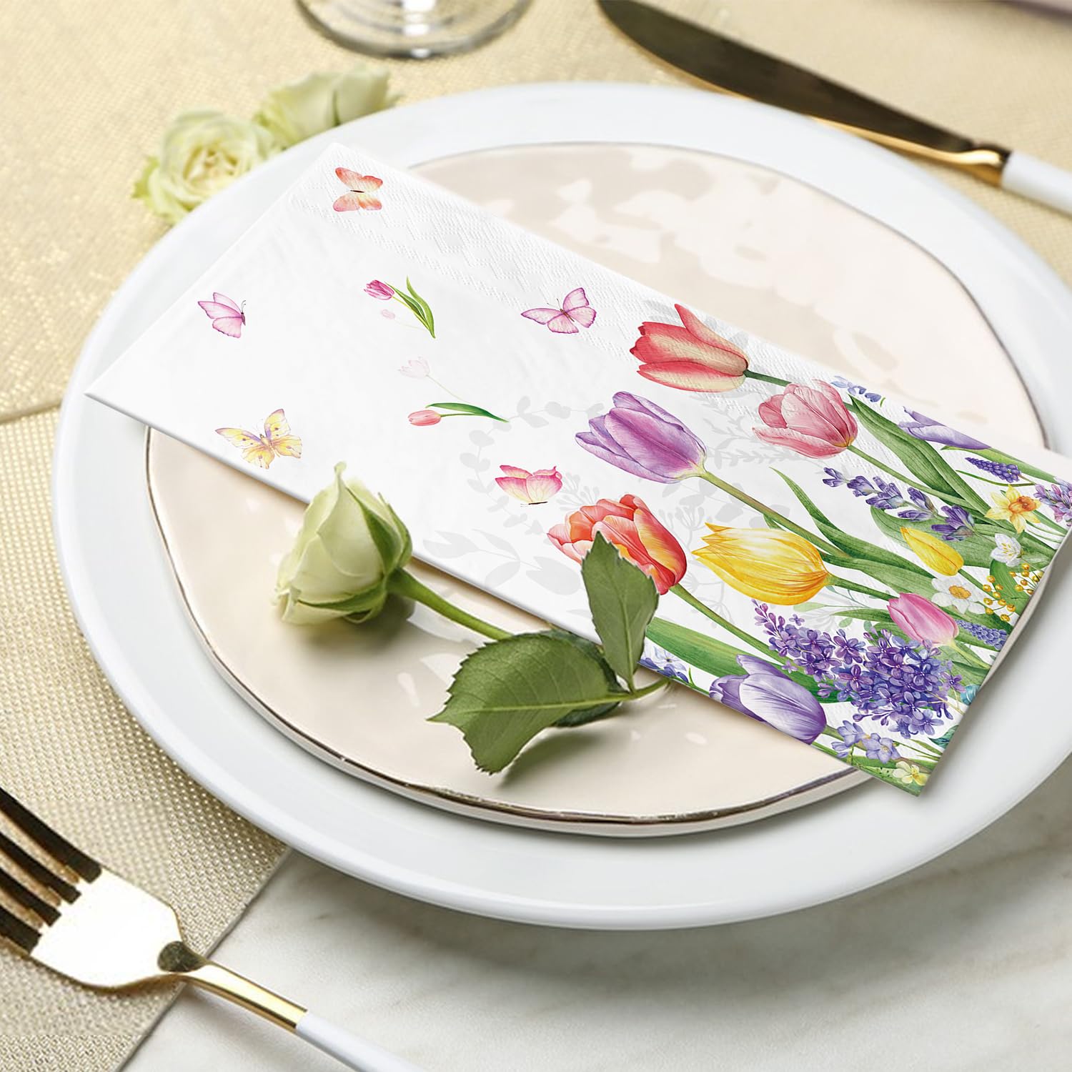 100 Watercolor Tulip Paper Napkins – Floral Decorative Guest Napkins for Parties, Dinner, Kitchen, Bathroom