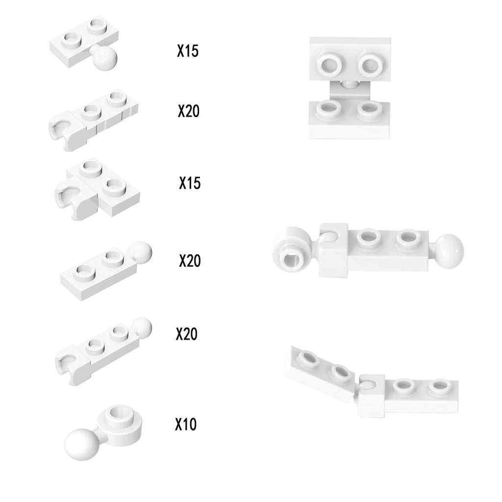100 White 1x2 Building Plates with Ball and Socket Connectors, Compatible with Major Brick Brands