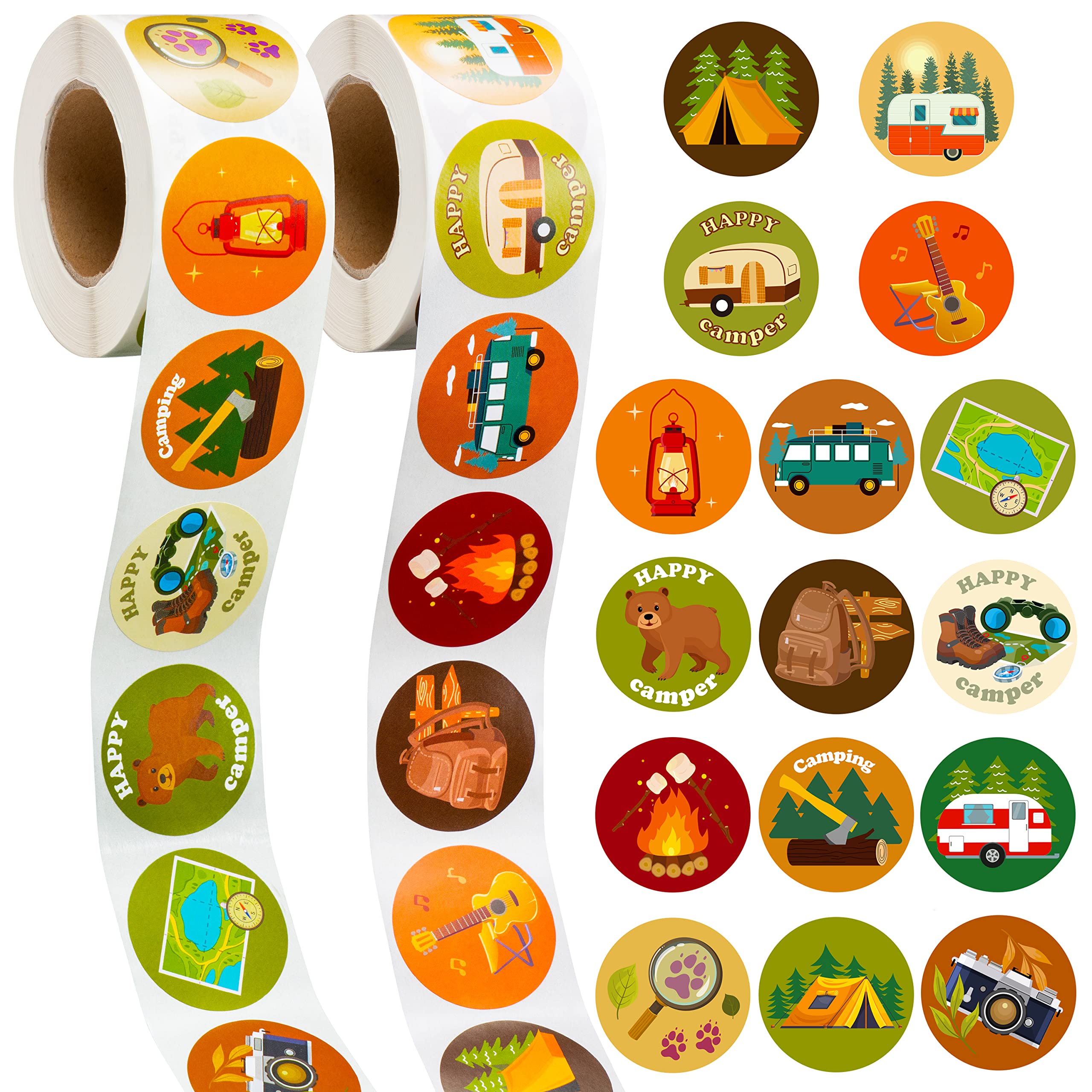 1000 Camping Stickers – 2 Rolls of Happy Camper Decals for Travel, Gifts, and Rewards