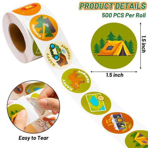1000 Camping Stickers – 2 Rolls of Happy Camper Decals for Travel, Gifts, and Rewards
