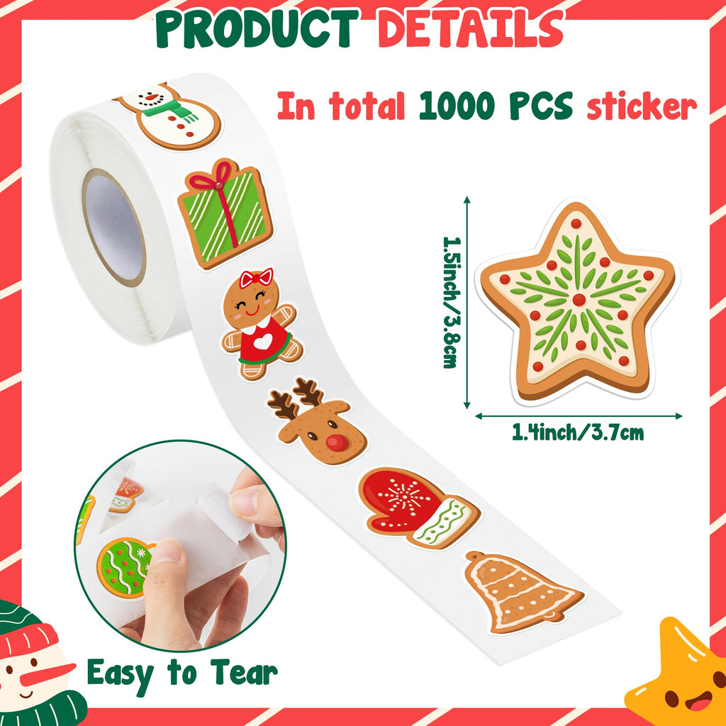 1000 Christmas Gingerbread Man Stickers - 2 Rolls, 16 Designs, Waterproof Vinyl Decals for Holiday Crafts & Gifts