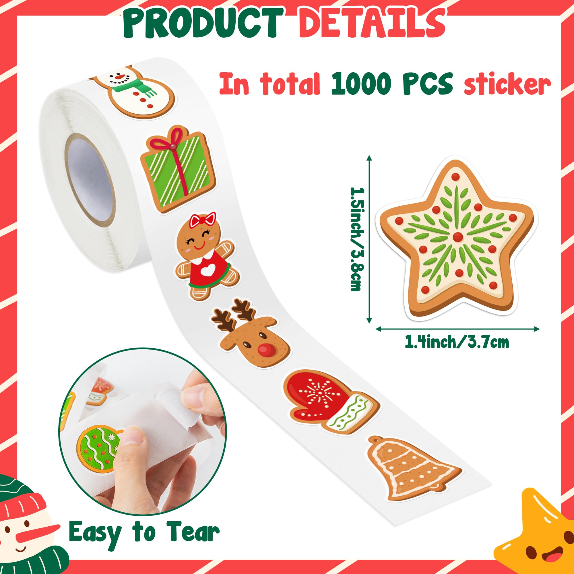 1000 Christmas Gingerbread Man Stickers - 2 Rolls, 16 Designs, Waterproof Vinyl Decals for Holiday Crafts & Gifts