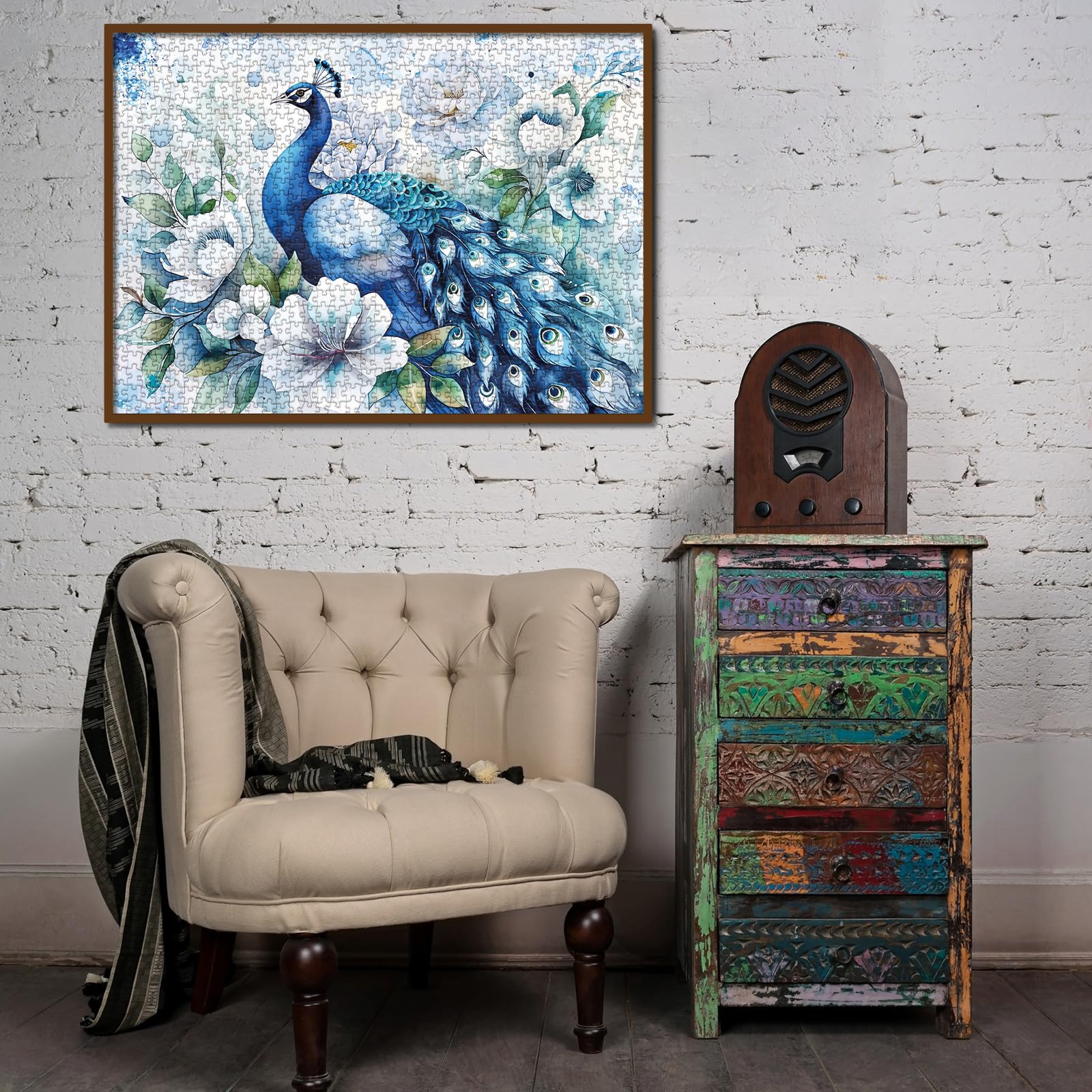 1000-Piece Blue Peacock Jigsaw Puzzle – Fantasy Ink Art Decor