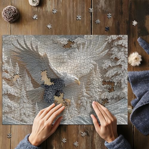 1000-Piece Carved Eagle Jigsaw Puzzle – Bald Eagle in Winter Forest