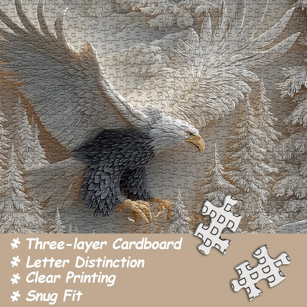 1000-Piece Carved Eagle Jigsaw Puzzle – Bald Eagle in Winter Forest