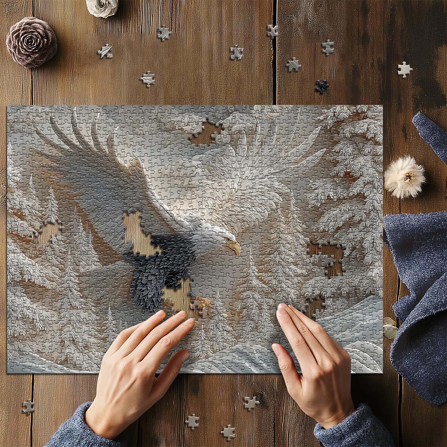 1000-Piece Carved Eagle Jigsaw Puzzle – Bald Eagle in Winter Forest