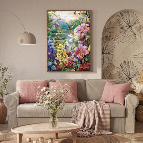 1000 Piece Flower Landscape Puzzle with Letters on Back – Colorful Floral Jigsaw for Adults, Includes Poster and Missing Piece Support