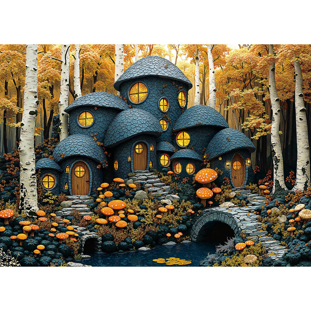 1000 Piece Forest Mushroom Stone House Puzzle - Adult Jigsaw with Poster & Letters on Back