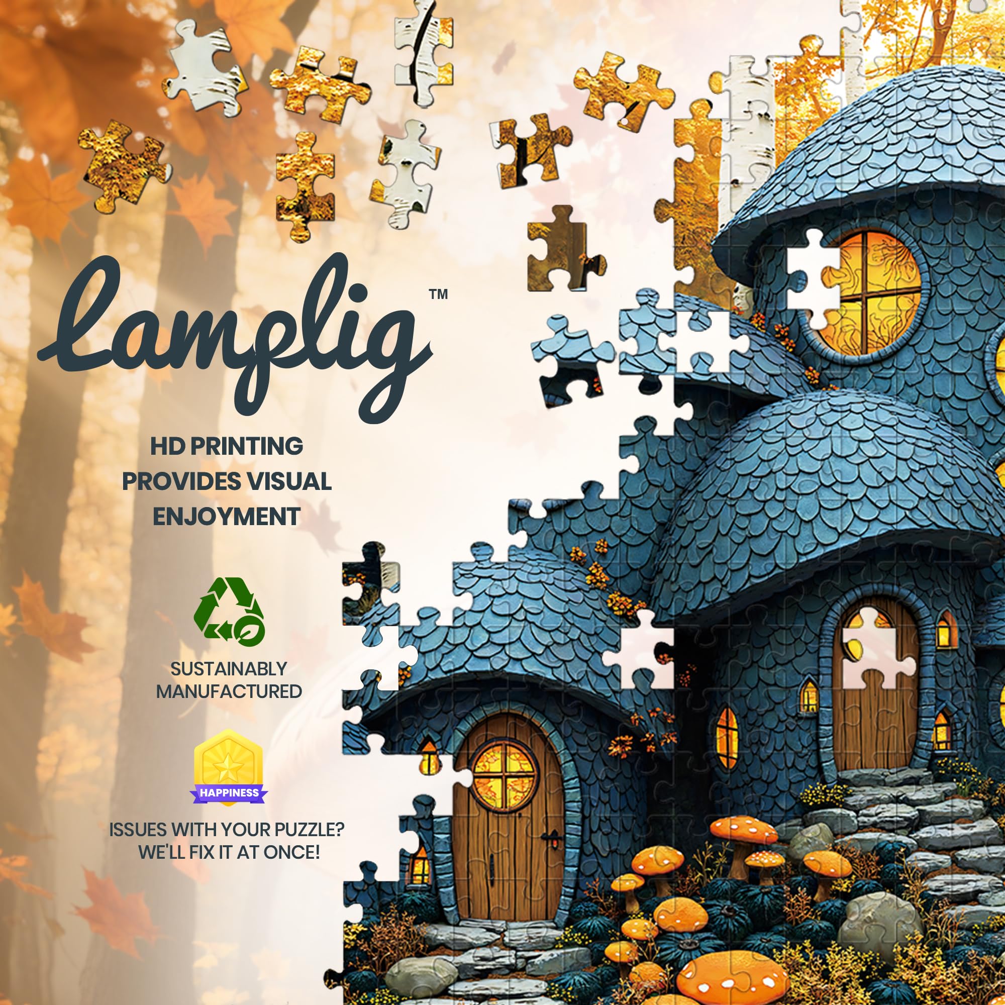 1000 Piece Forest Mushroom Stone House Puzzle - Adult Jigsaw with Poster & Letters on Back