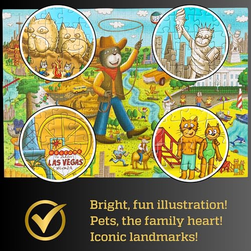 1000 Piece Funny Cats & Dogs USA Map Puzzle by GERJATO – Thick HD Blue Card, Letters on Back, Gift Box with Poster
