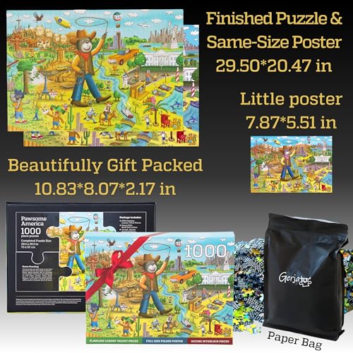 1000 Piece Funny Cats & Dogs USA Map Puzzle by GERJATO – Thick HD Blue Card, Letters on Back, Gift Box with Poster