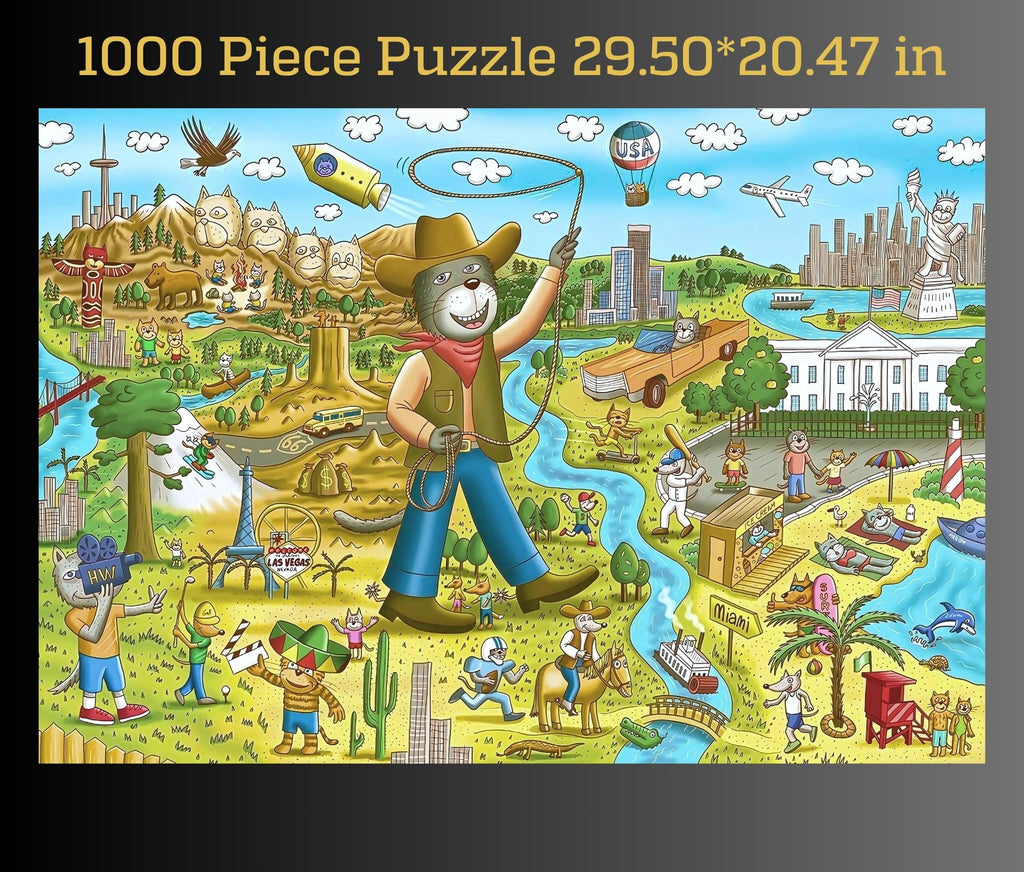 1000 Piece Funny Cats & Dogs USA Map Puzzle by GERJATO – Thick HD Blue Card, Letters on Back, Gift Box with Poster