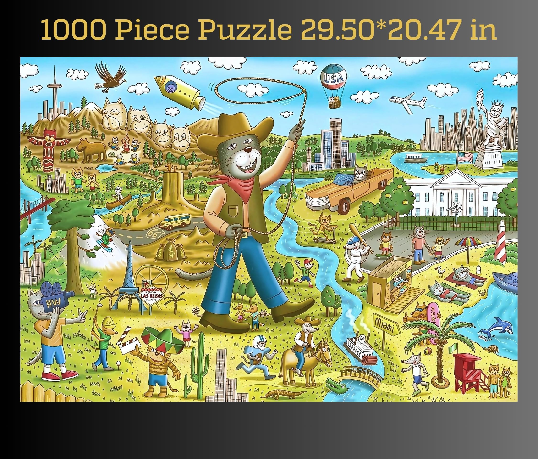 1000 Piece Funny Cats & Dogs USA Map Puzzle by GERJATO – Thick HD Blue Card, Letters on Back, Gift Box with Poster