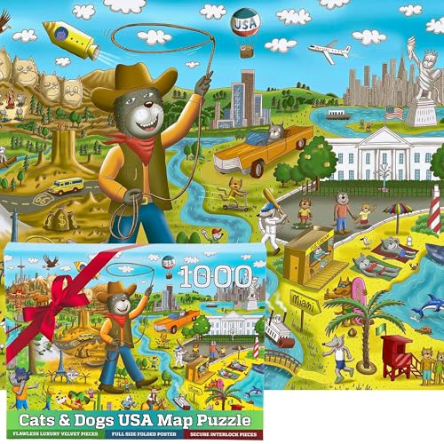 1000 Piece Funny Cats & Dogs USA Map Puzzle by GERJATO – Thick HD Blue Card, Letters on Back, Gift Box with Poster