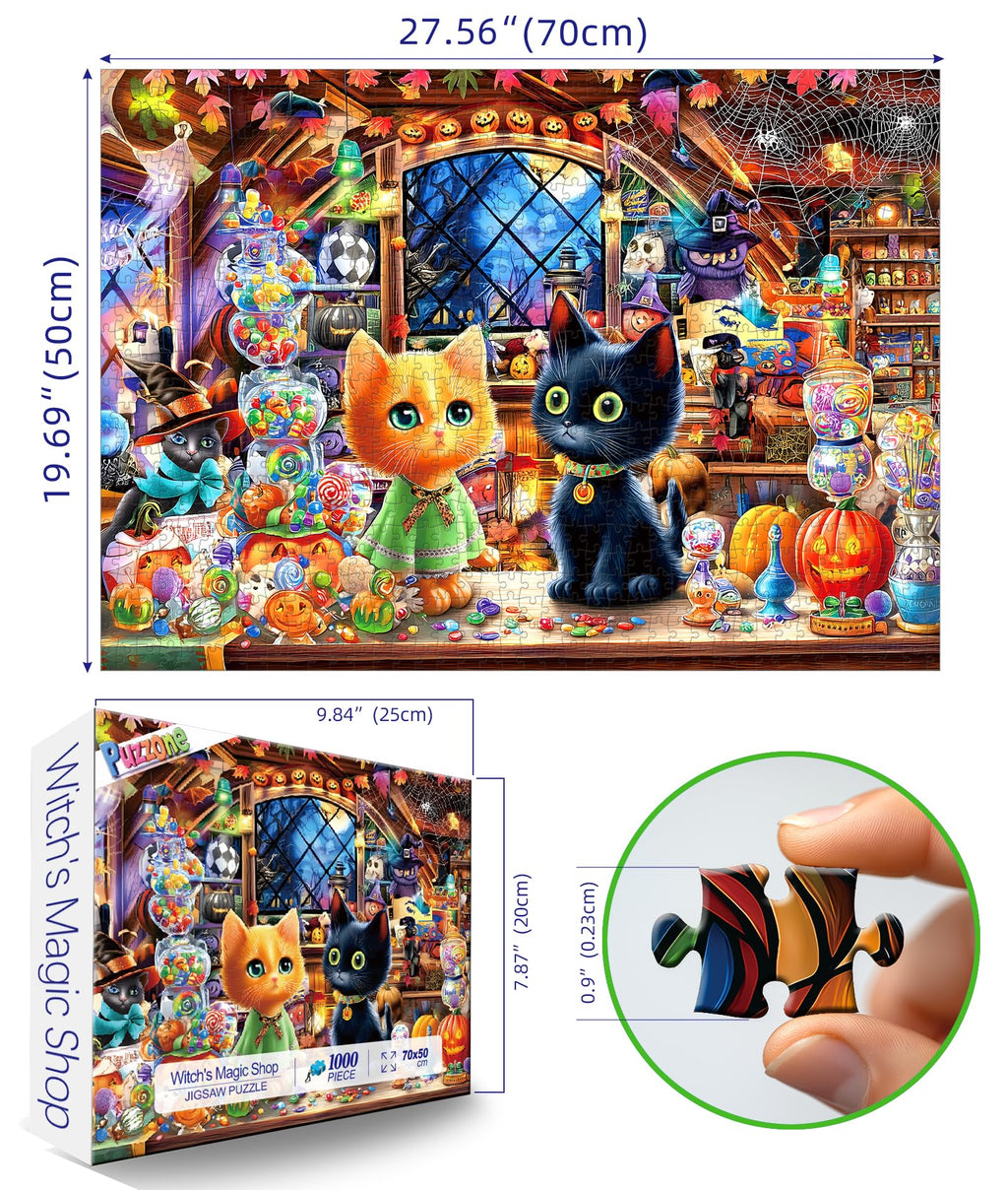 1000-Piece Halloween Cat Puzzle with Witch Magic Shop – PuzzOne Jigsaw for Adults 27.5" x 19.7"