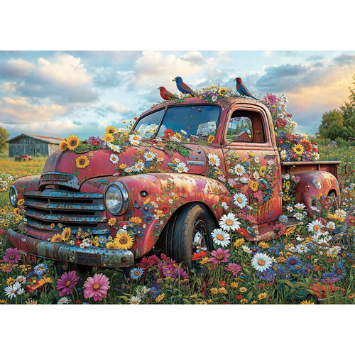 1000-Piece Jigsaw Puzzle with Vintage Pink Pickup and Wildflowers – Letters on Back for Easy Sorting – Includes Full-Size Poster