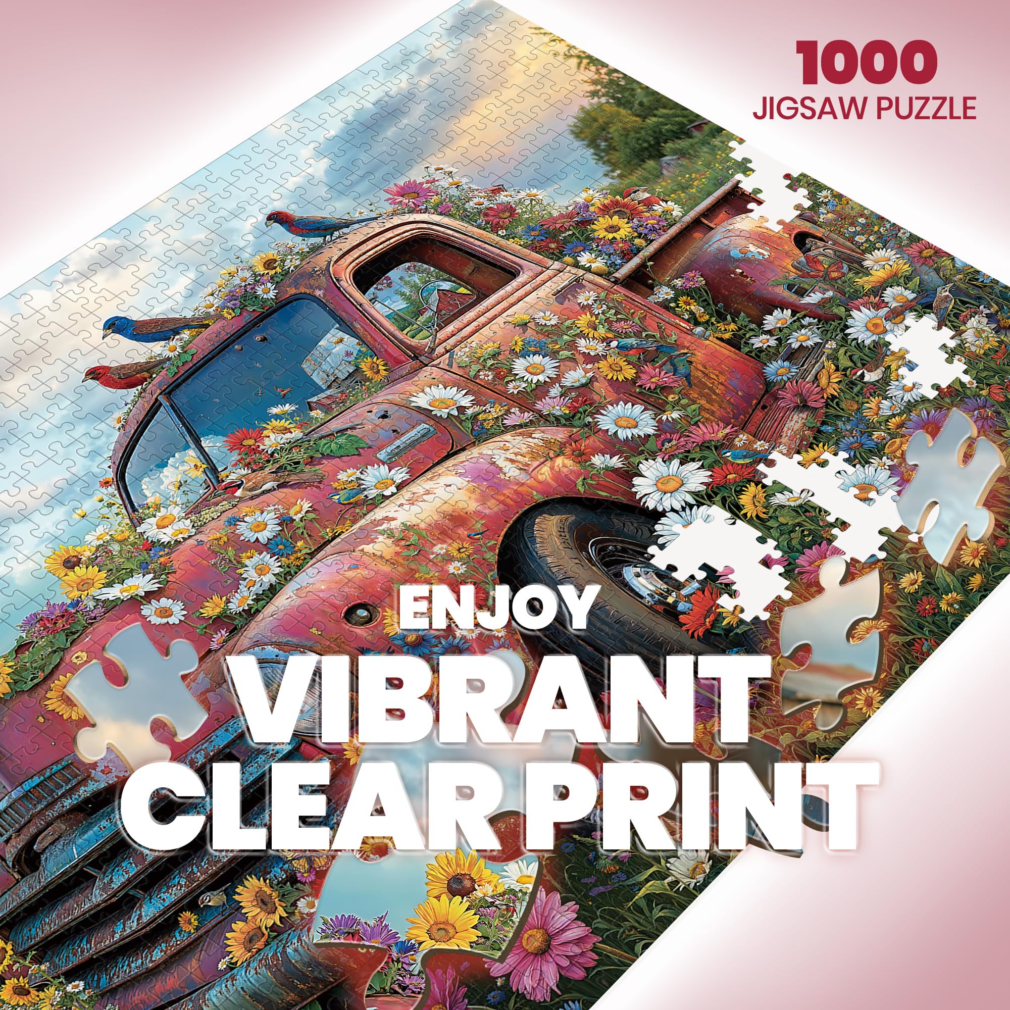 1000-Piece Jigsaw Puzzle with Vintage Pink Pickup and Wildflowers – Letters on Back for Easy Sorting – Includes Full-Size Poster