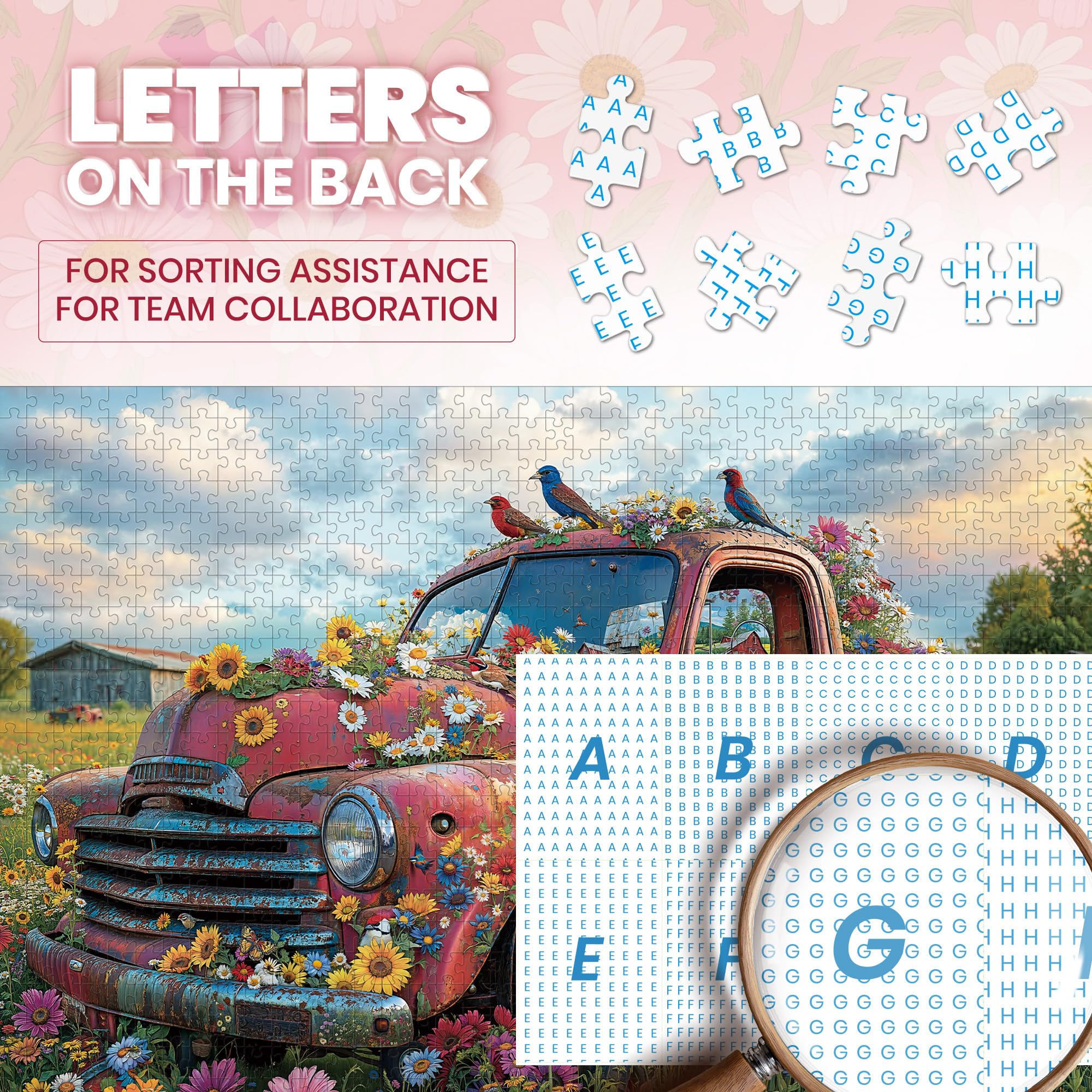 1000-Piece Jigsaw Puzzle with Vintage Pink Pickup and Wildflowers – Letters on Back for Easy Sorting – Includes Full-Size Poster