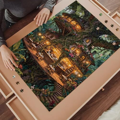 1000-Piece Magical Forest Treehouse Cafe Jigsaw Puzzle for Adults – Whimsical Wall Decor, 19.7 x 27.56 Inches