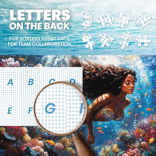 1000-Piece Mermaid Jigsaw Puzzle for Adults – Ocean Beach Scene with Letters on Back, Includes Full-Size Poster, 27.6 x 19.7 Inches
