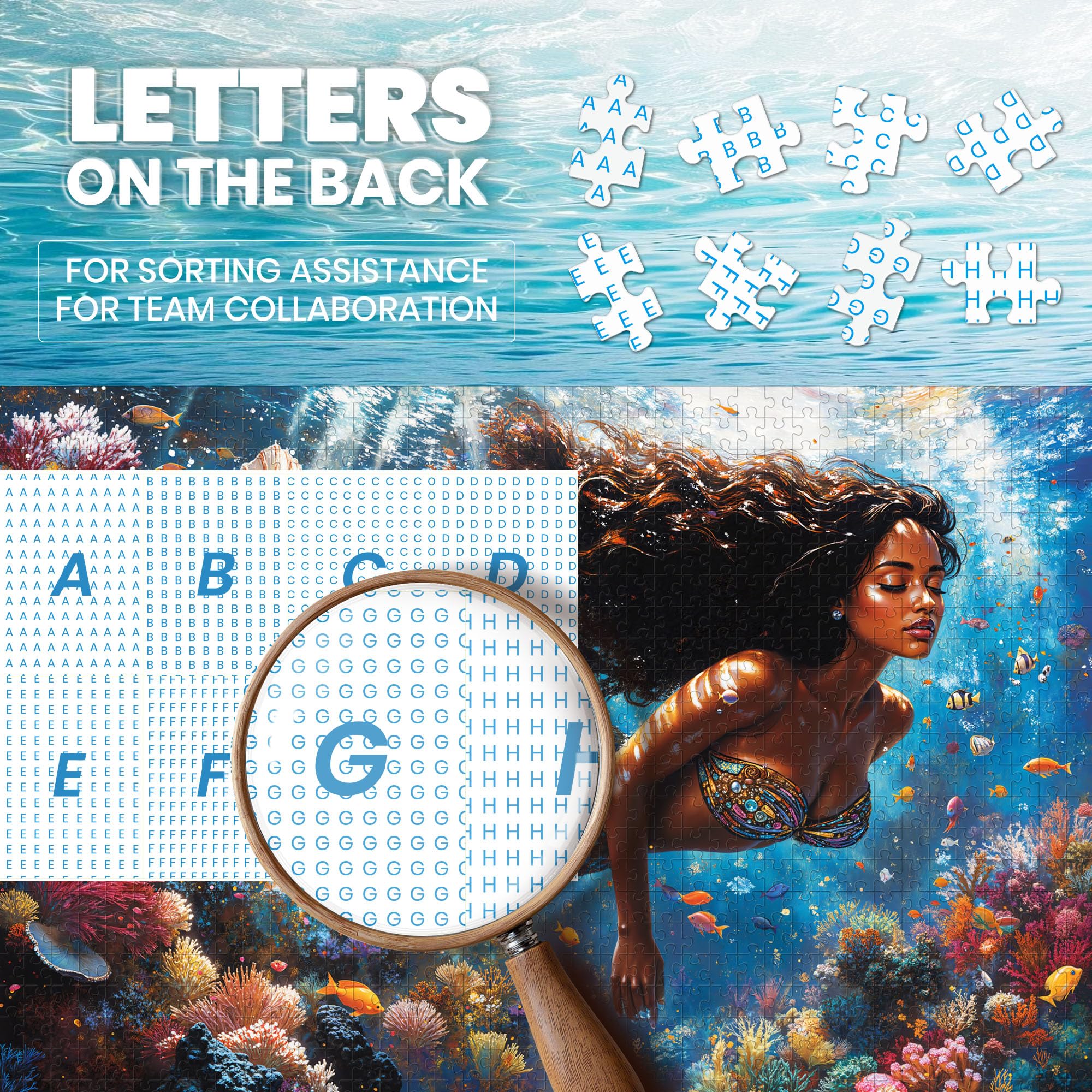 1000-Piece Mermaid Jigsaw Puzzle for Adults – Ocean Beach Scene with Letters on Back, Includes Full-Size Poster, 27.6 x 19.7 Inches