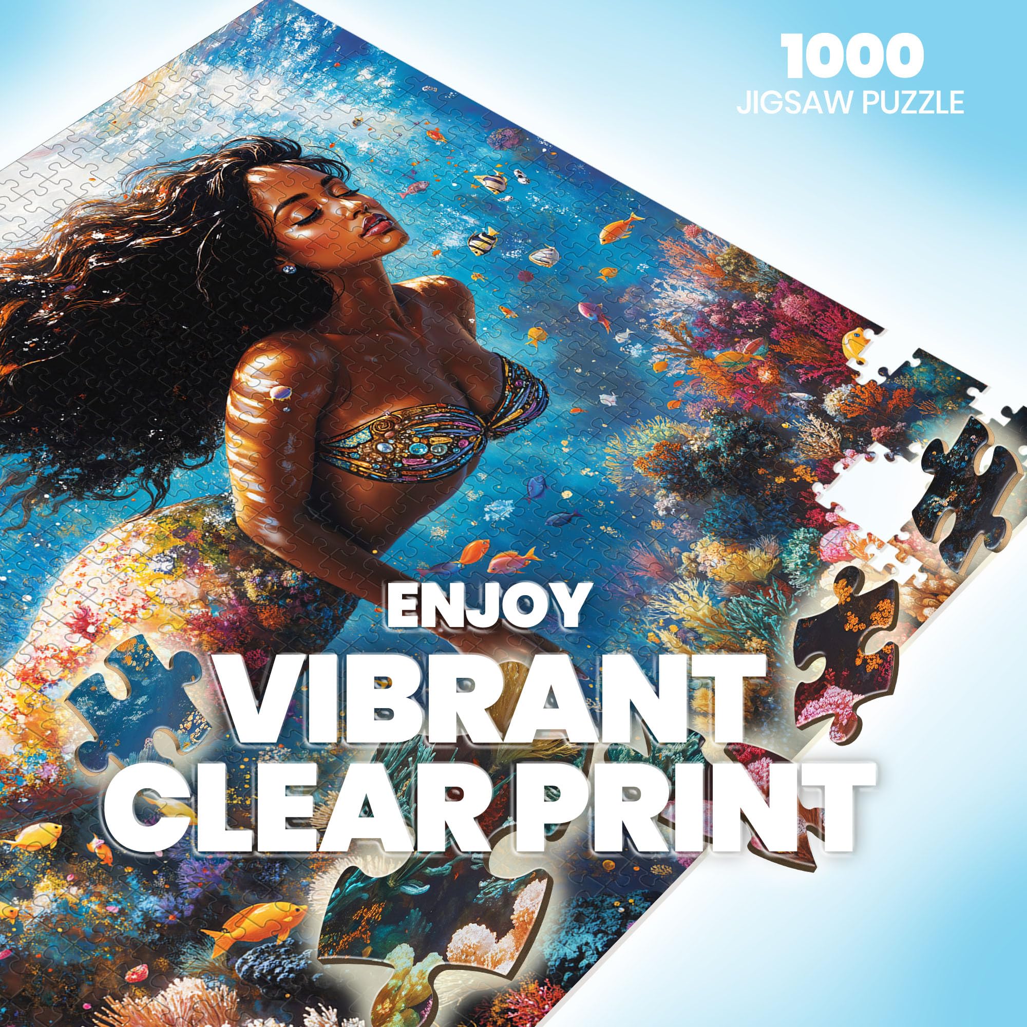 1000-Piece Mermaid Jigsaw Puzzle for Adults – Ocean Beach Scene with Letters on Back, Includes Full-Size Poster, 27.6 x 19.7 Inches