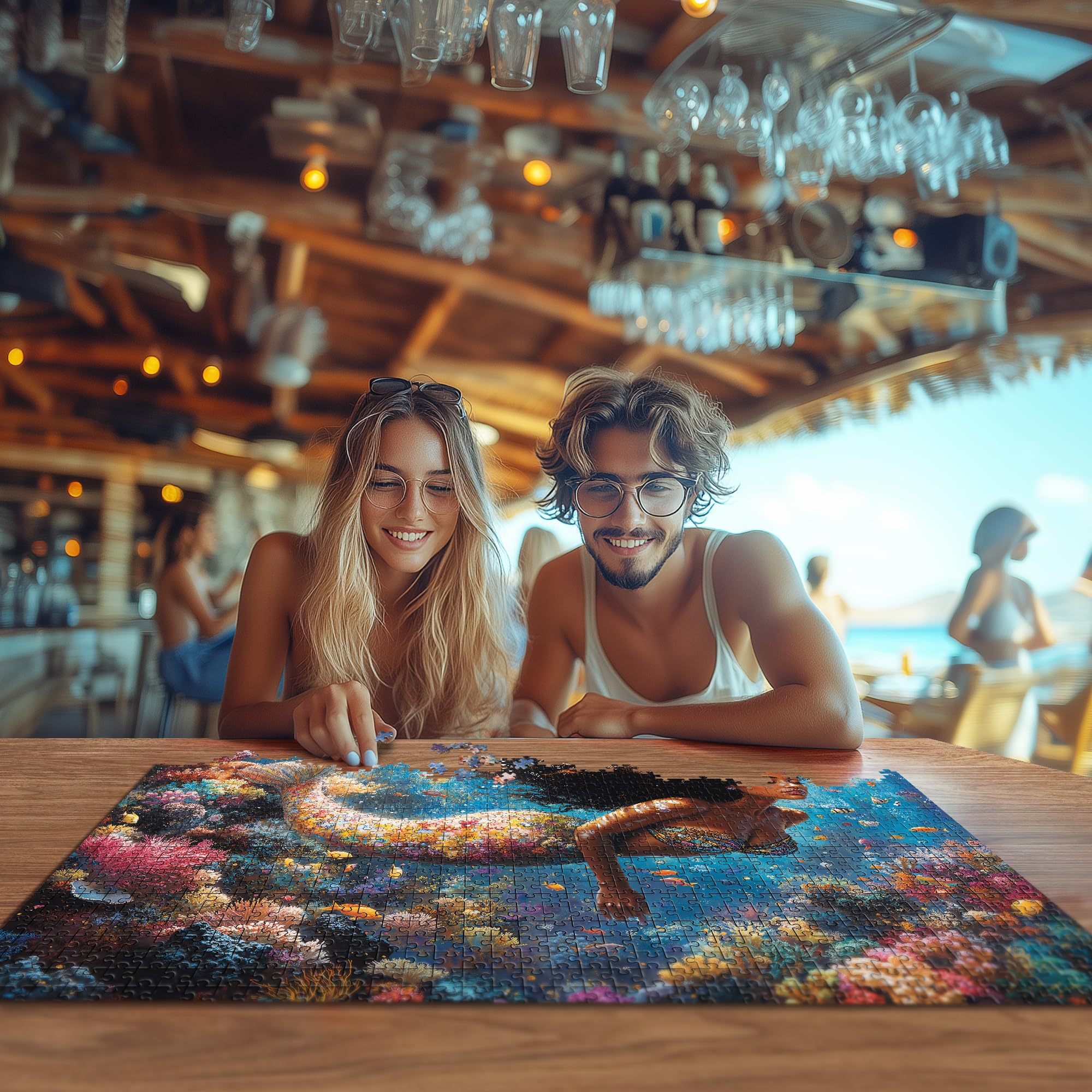 1000-Piece Mermaid Jigsaw Puzzle for Adults – Ocean Beach Scene with Letters on Back, Includes Full-Size Poster, 27.6 x 19.7 Inches