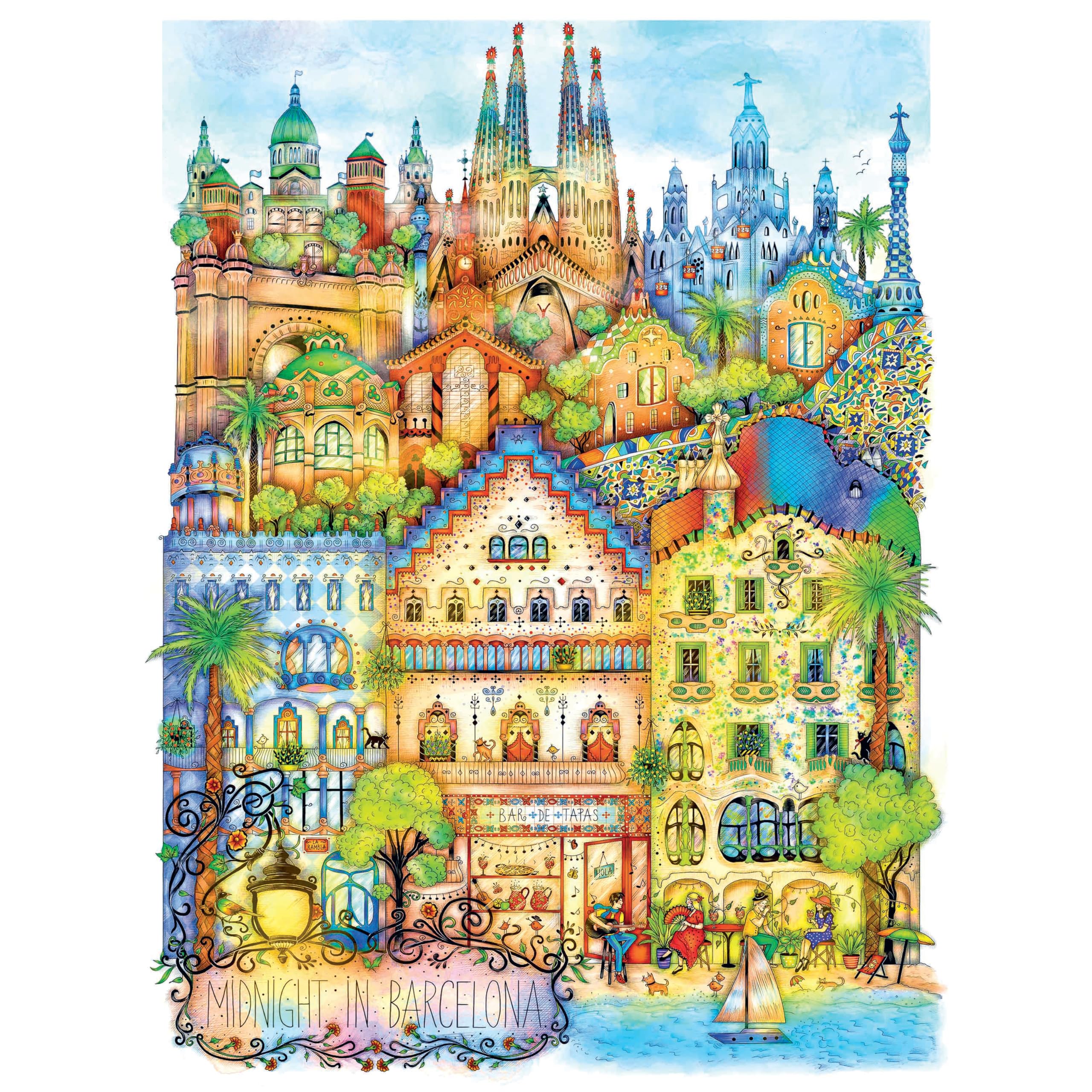1000 Piece Puzzle for Adults – Barcelona at Midnight – Hard Jigsaw by Madalina Tantareanu – Sagrada Familia, Park Güell, Casa Batlló – 27x20 Inches