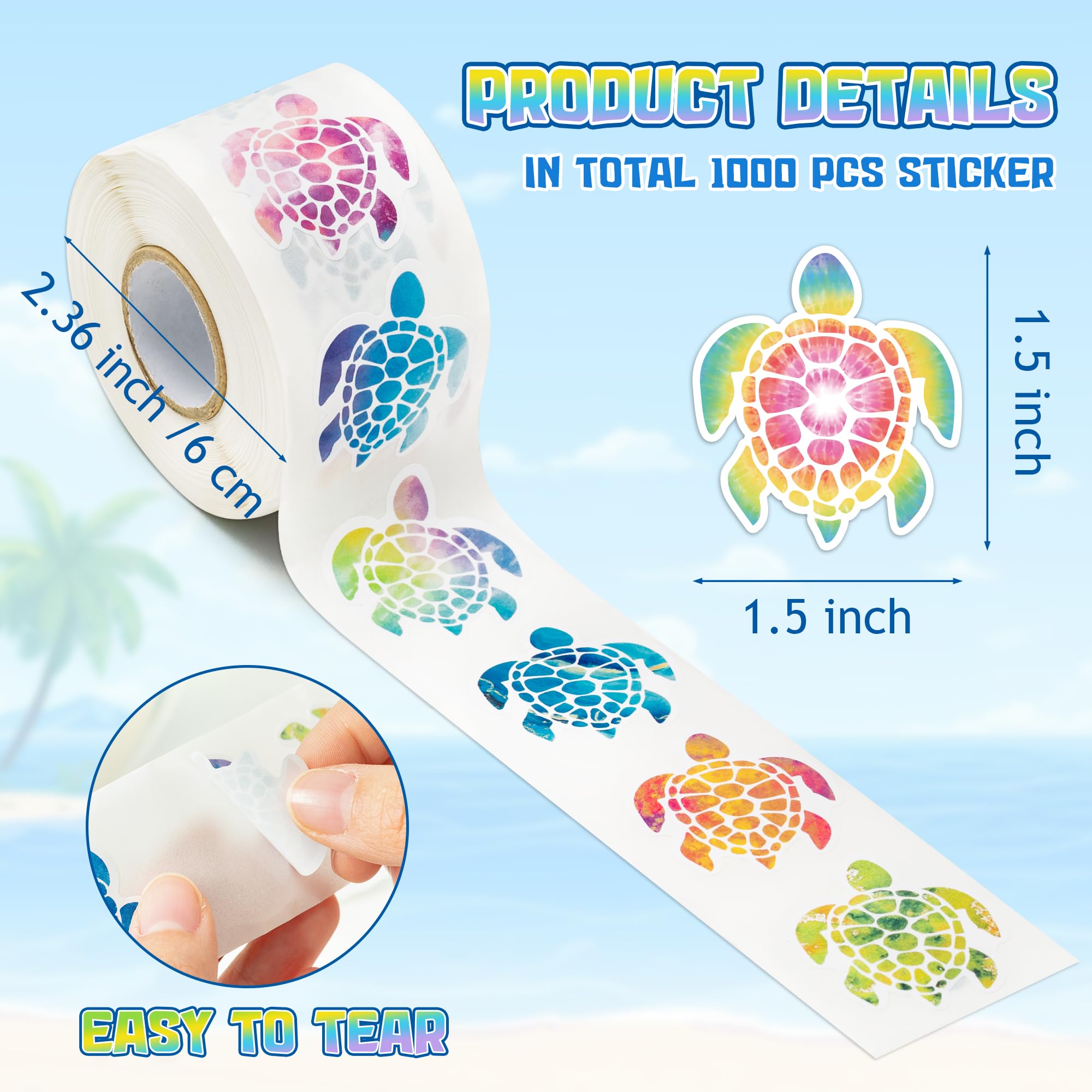 1000-Piece Spring Sea Turtle Stickers - 16 Colorful Patterns, 2 Rolls, Cute Self-Adhesive Decals for Kids Rewards, Party Favors, Water Bottles & Windows