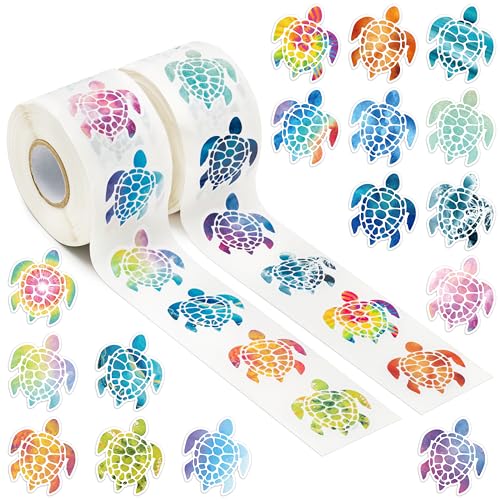 1000-Piece Spring Sea Turtle Stickers - 16 Colorful Patterns, 2 Rolls, Cute Self-Adhesive Decals for Kids Rewards, Party Favors, Water Bottles & Windows