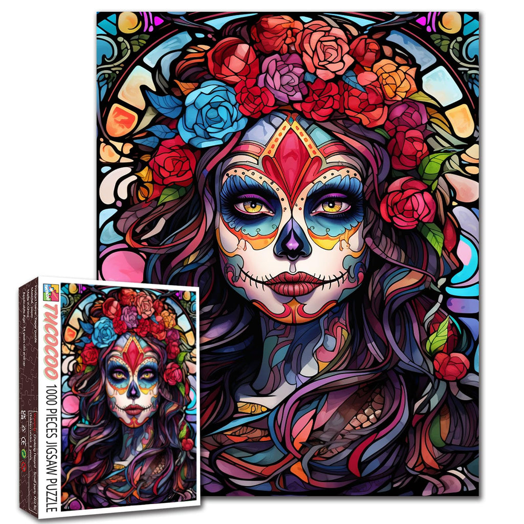 1000-Piece Sugar Skull Girl Jigsaw Puzzle – Day of the Dead Folk Art for Adults & Families