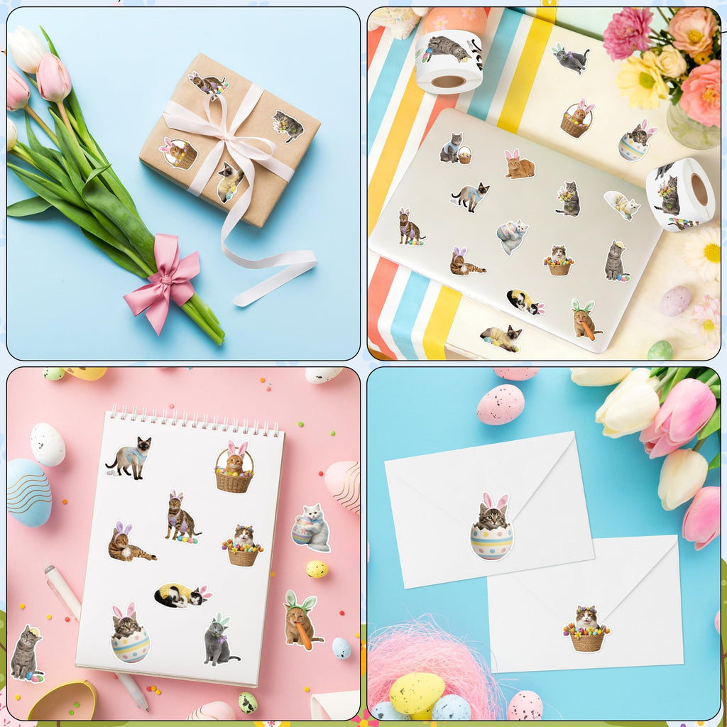 1000 Realistic Cat Roll Stickers – 16 Easter Kitten Designs, Waterproof Vinyl Decals for Laptops, Guitars & Party Favors