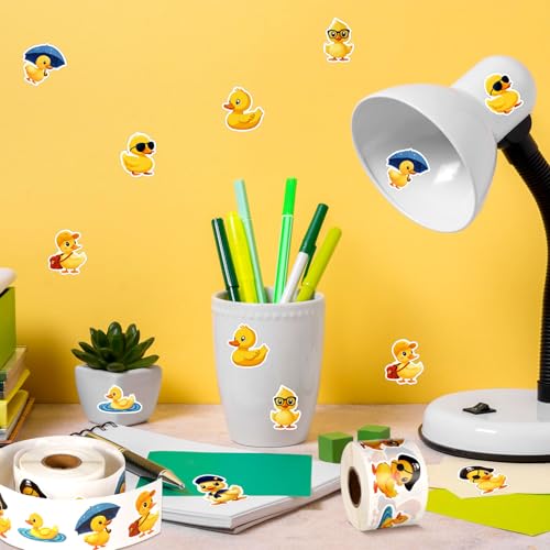 1000 Yellow Duck Stickers - 2 Rolls of 1.5in Cute Self-Adhesive Vinyl Decals for Laptop, Skateboard, Luggage