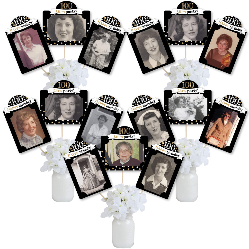 100th Birthday Photo Centerpiece Kit – 15 Gold Double-Sided Photo Holders with Sticks for 4x6 Photos